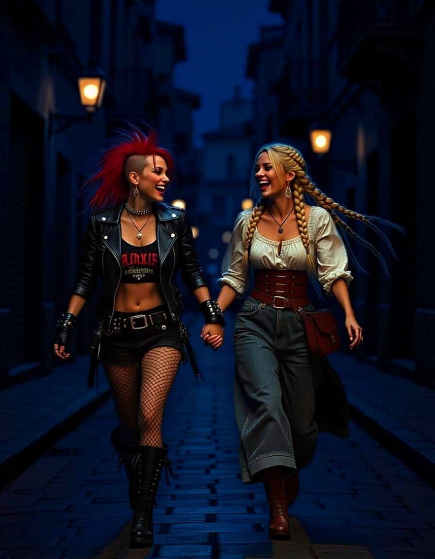 Women Running Down Urban Street at Dusk