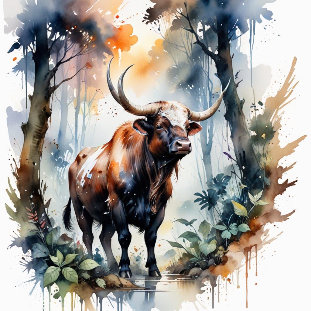 Majestic Gaur in Southeast Asian Jungle at Dawn