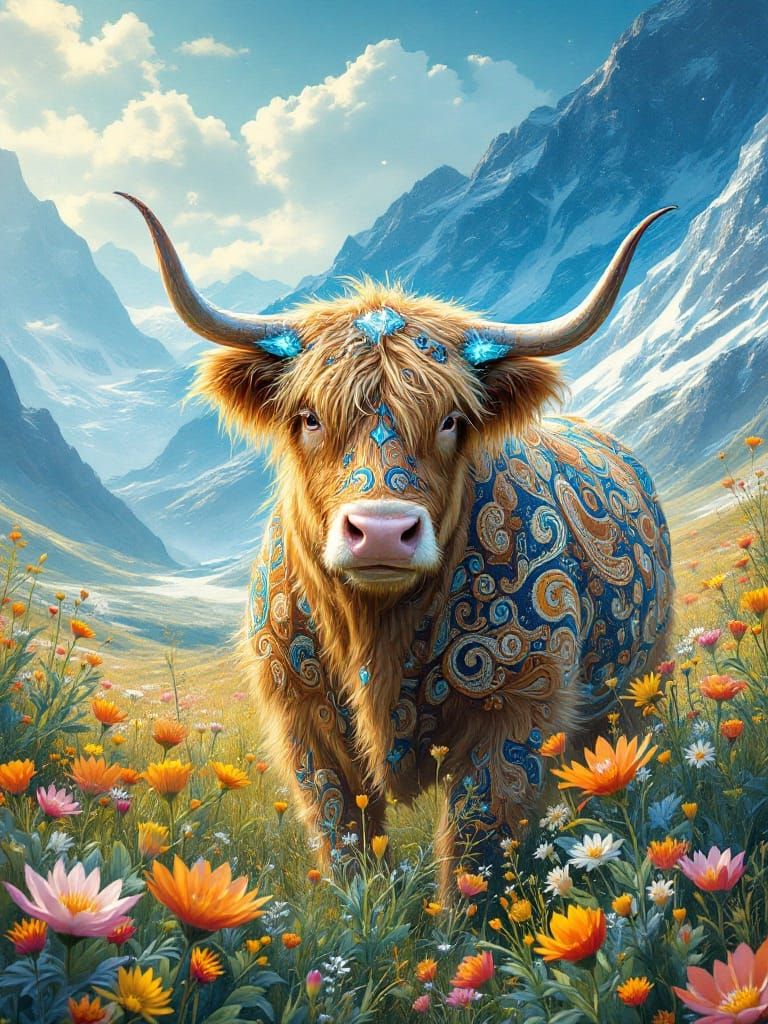 Surreal Highland Cow Radiates Whimsical Charm in Dreamlike L...