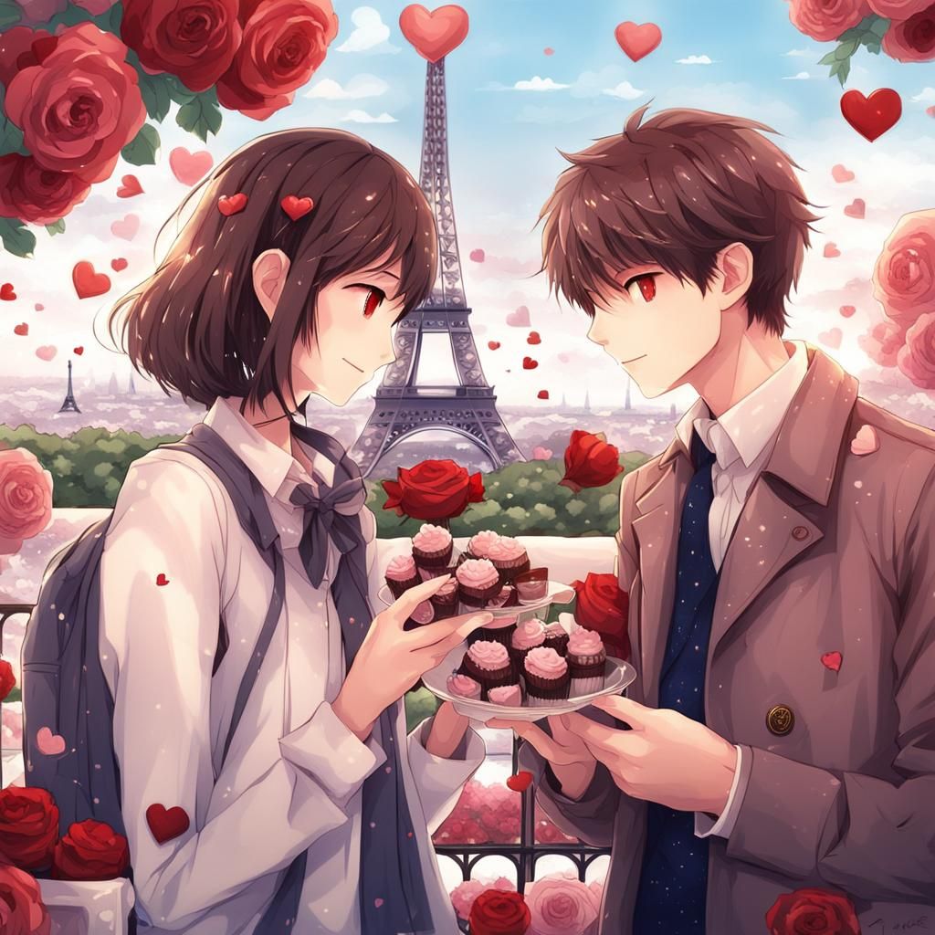 Romantic Anime Couple Sharing Chocolates by Eiffel Tower