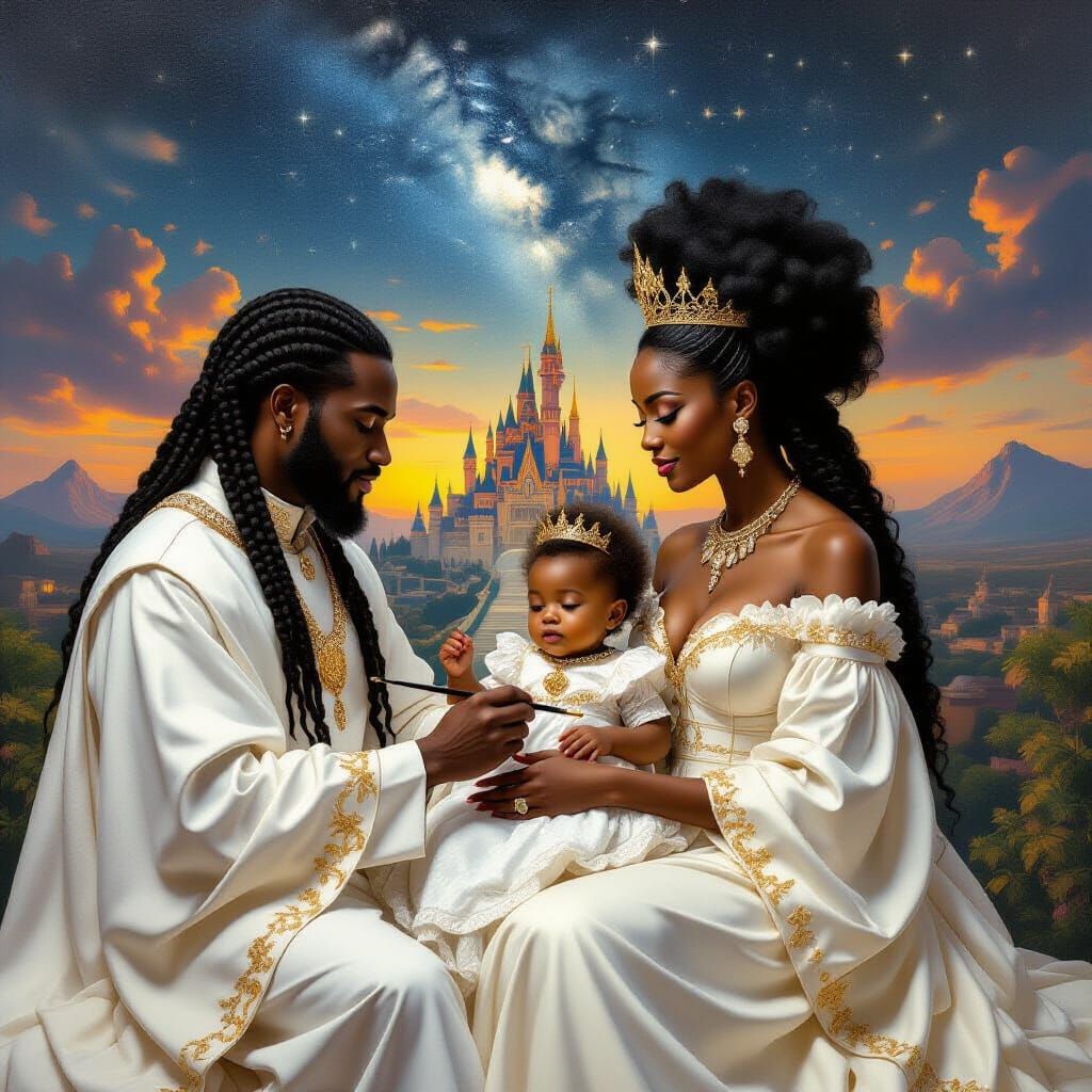 Regal Black King Paints Queen and Baby in Renaissance Style