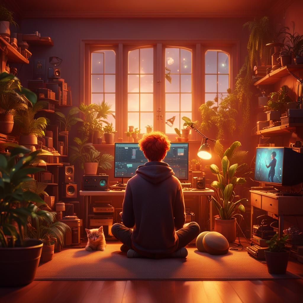 Cozy Redhead Gamer in Golden Hour Lighting