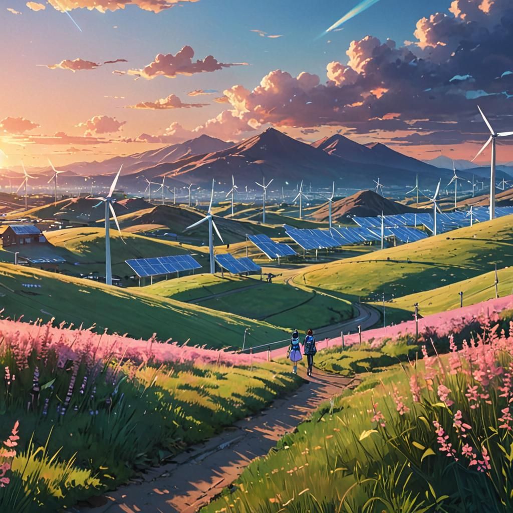 Anime Valley with Futuristic Wind Turbines and AI