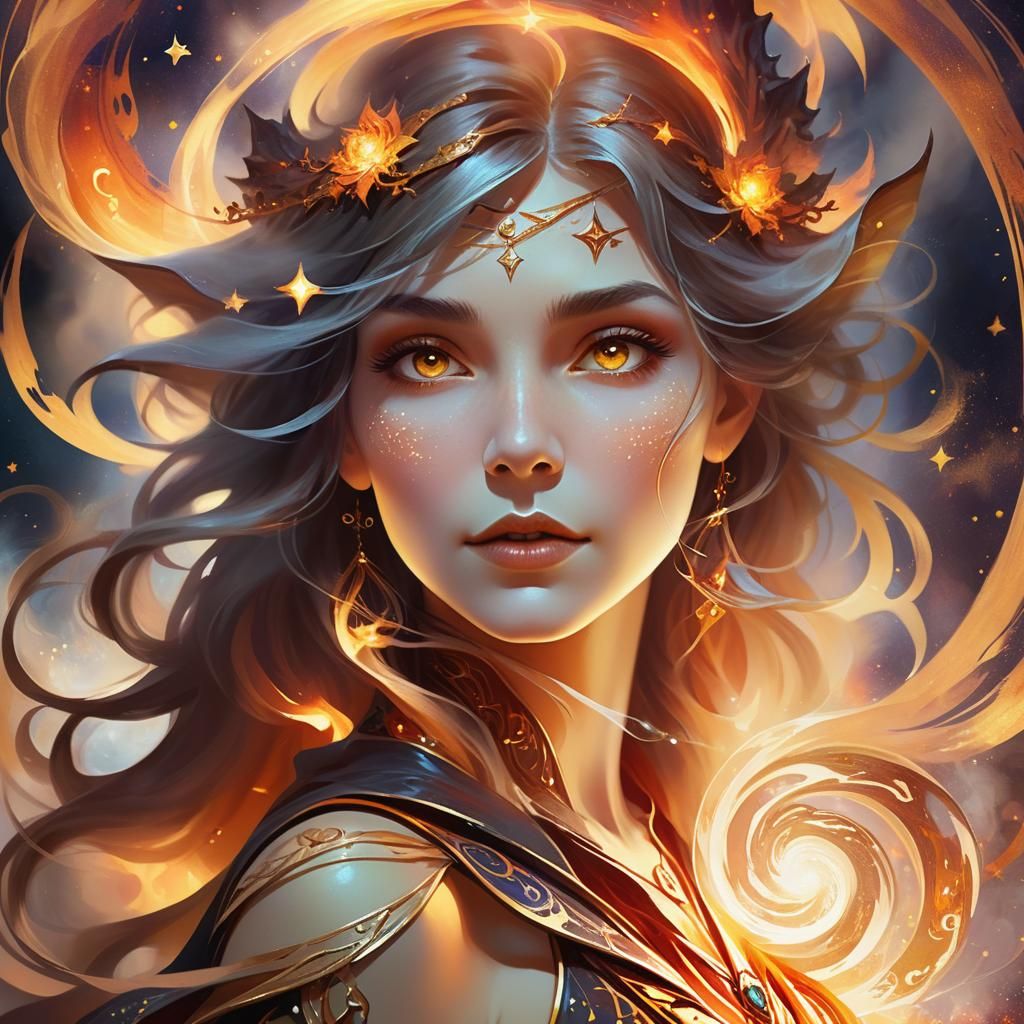 Mystical Witch Portrait with Fiery Embers in Art Nouveau Sty...