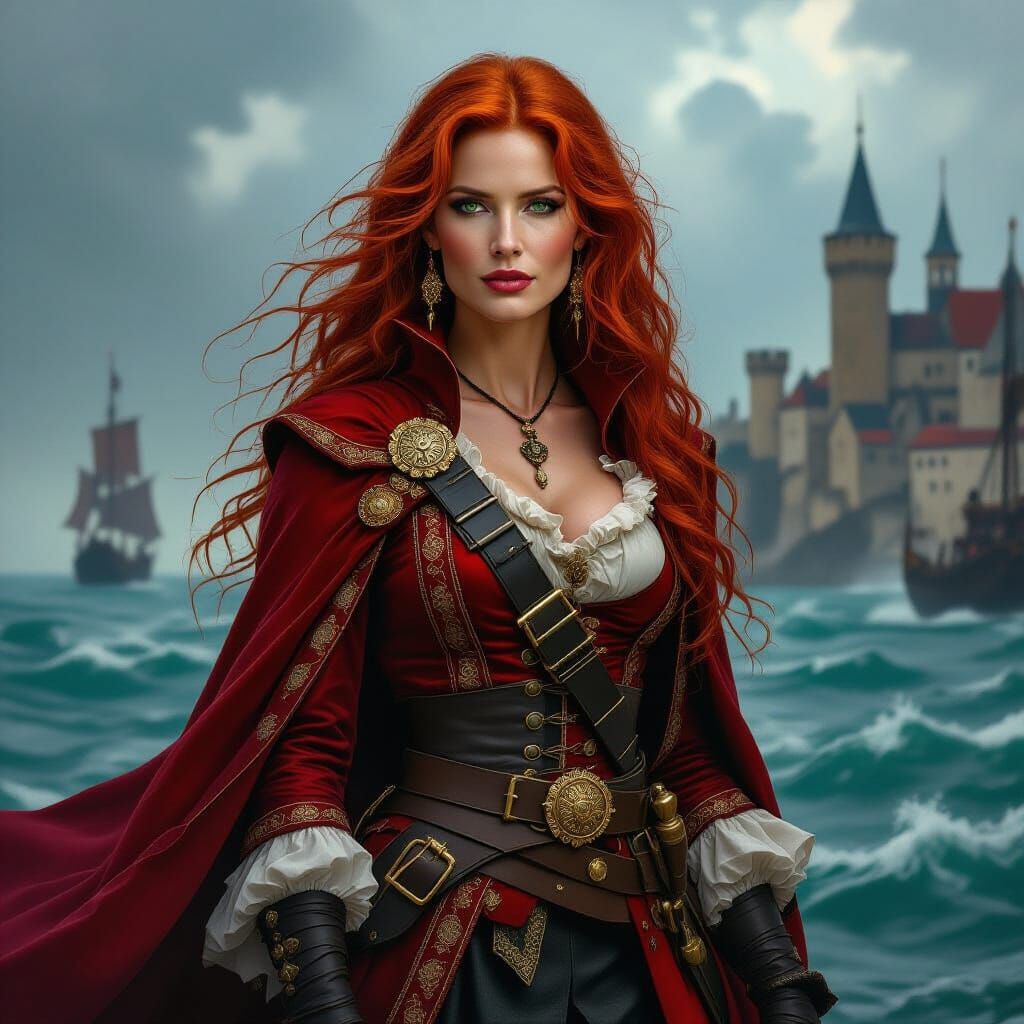 Scarlet Rogue: Pirate Noblewoman in Hyper-Realistic Style