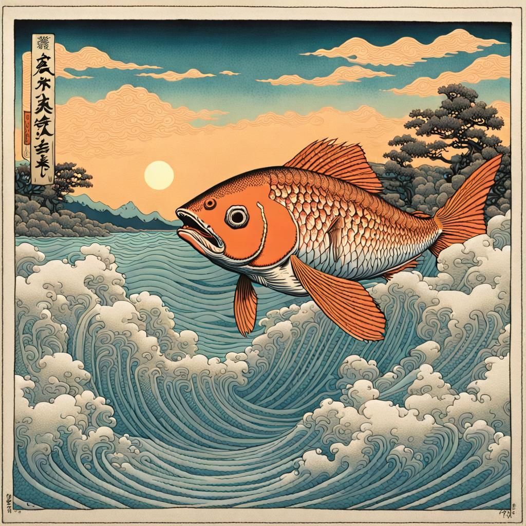 Fish Leaping in Vaporwave Ukiyo-e Style