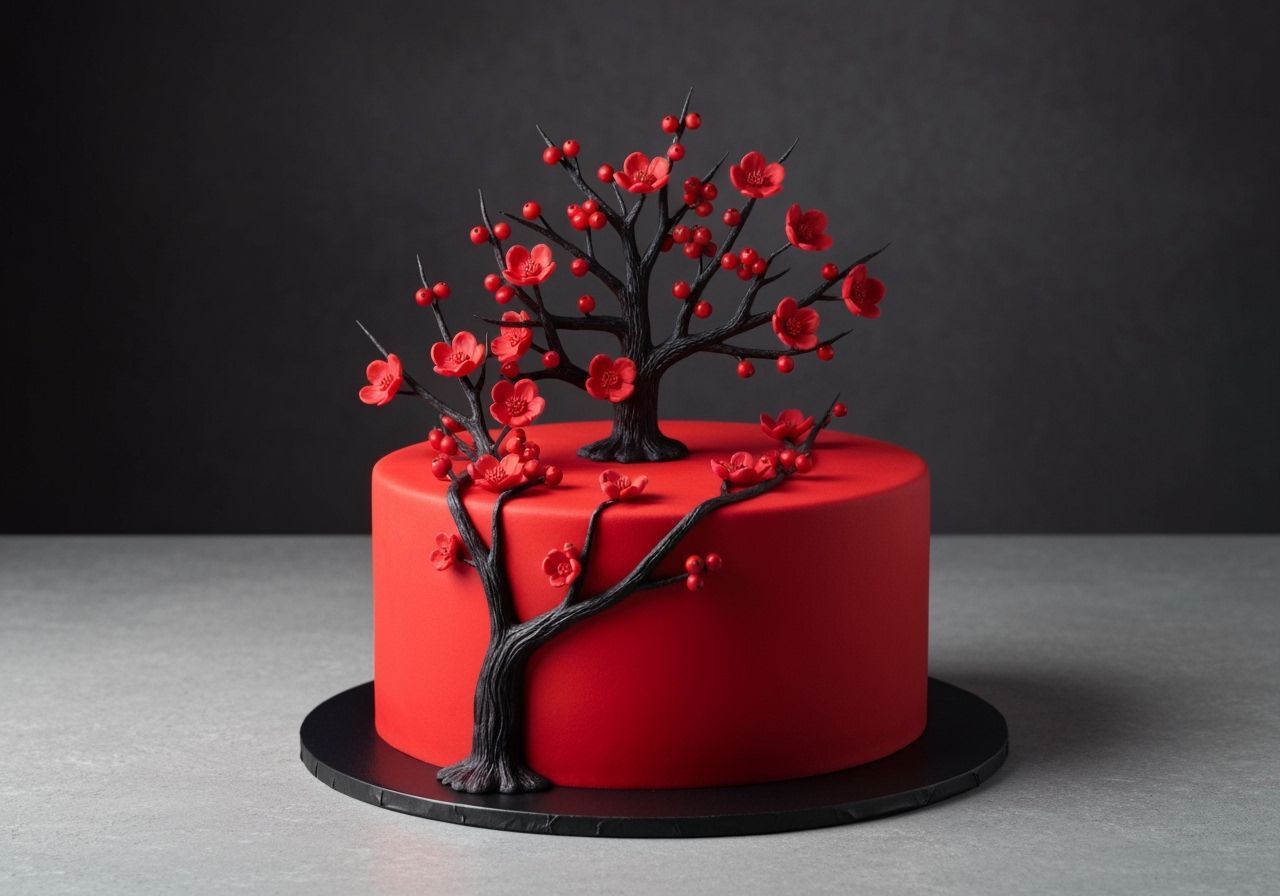 Intricate Red Cake with Blossoms: Professional Food Photogra...