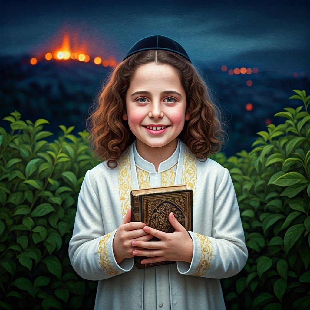 Hasidic Boy in Garden with Book, Neo-Impressionist Style