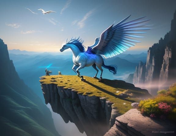 Majestic Pegasus on Cliff Overlooking Vibrant Valley