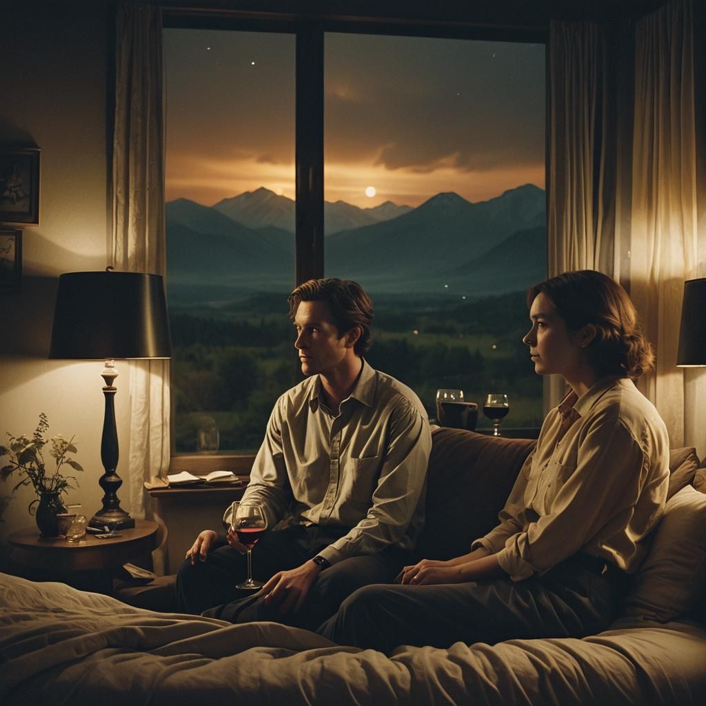 Cinematic Couple Gazing at Dark Landscape at Night