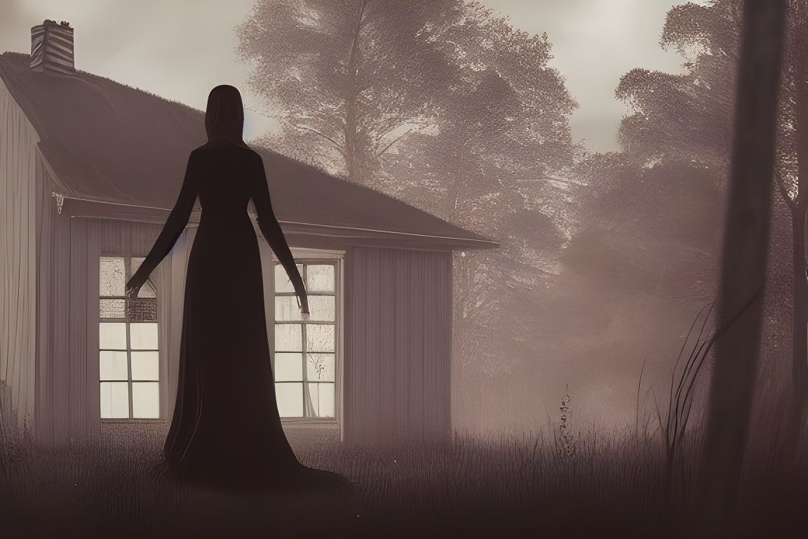 Sinister Woman in Black Dress near Abandoned House