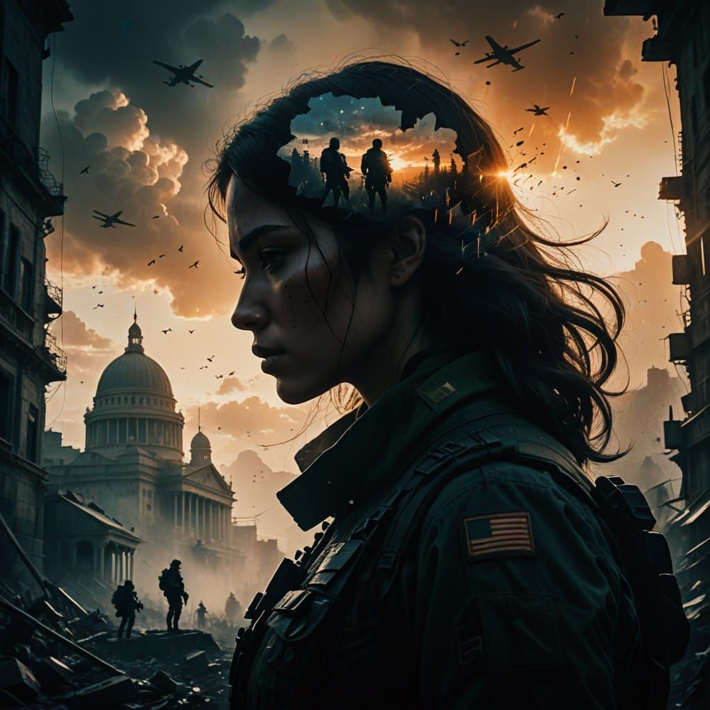 Epic Cinematic Portrait of a Young Woman and a Soldier in Di...
