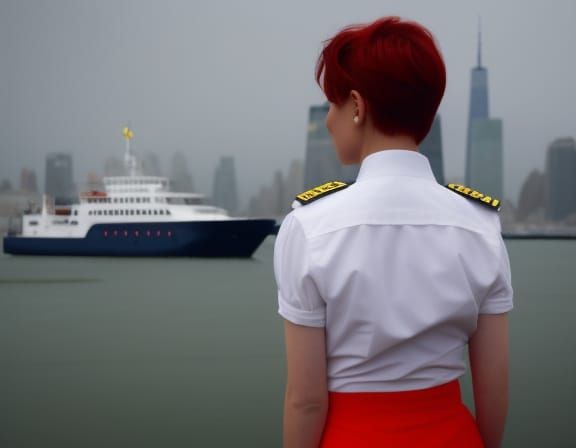 Mini skirt, short red pixie hair, white sailor uniform, female petite body, wearing a Navy uniform, New York harbor Land...