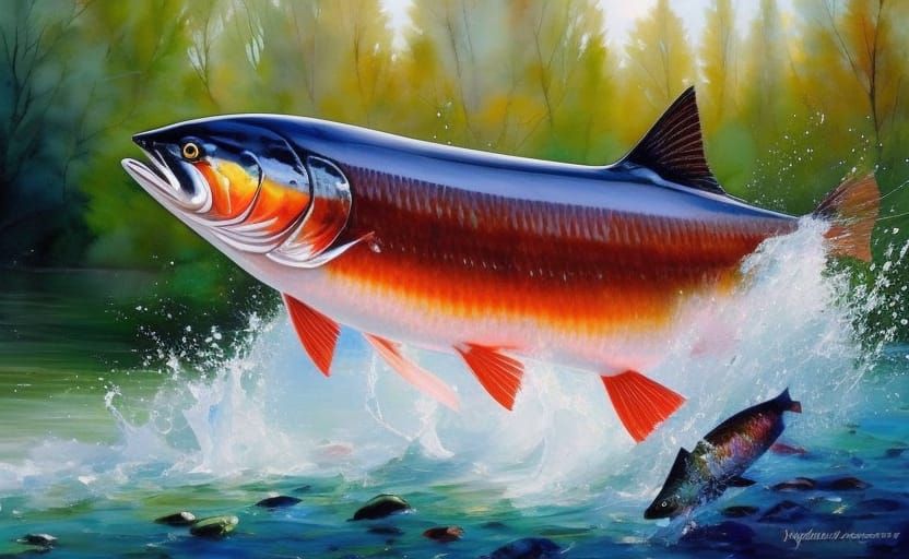 Salmon Leaping in Watercolor River Scene