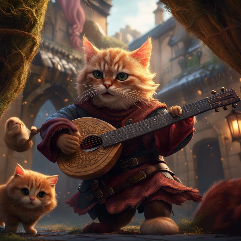 Giant Kitten Attacks Lute Player: Fantasy Art