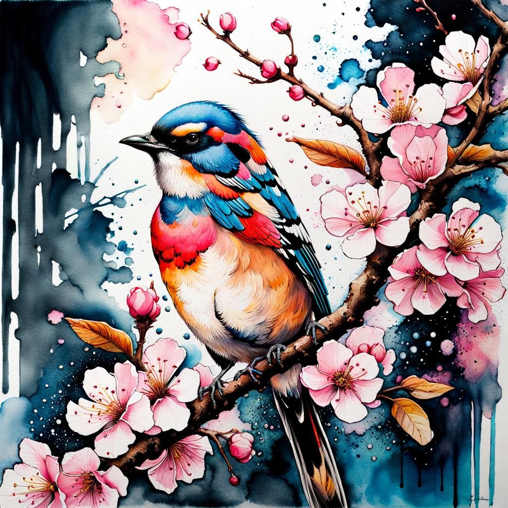 Cherry Blossoms with Birds in Ink and Watercolor