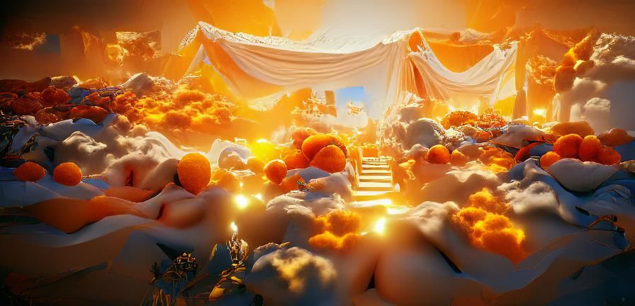 Heavenly Landscape with Orange Sunshine in Detailed Painting