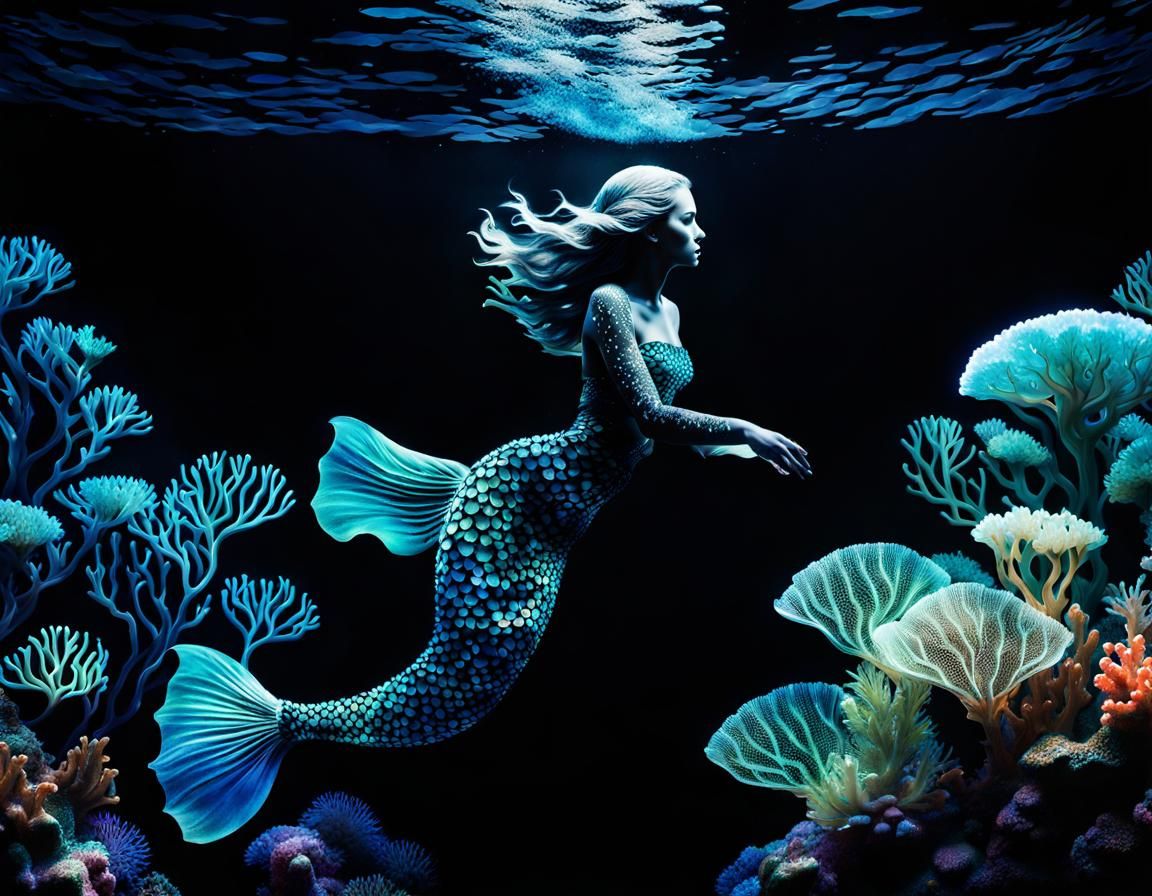 Underwater Mermaid Silhouette: Double Exposure Coral Art