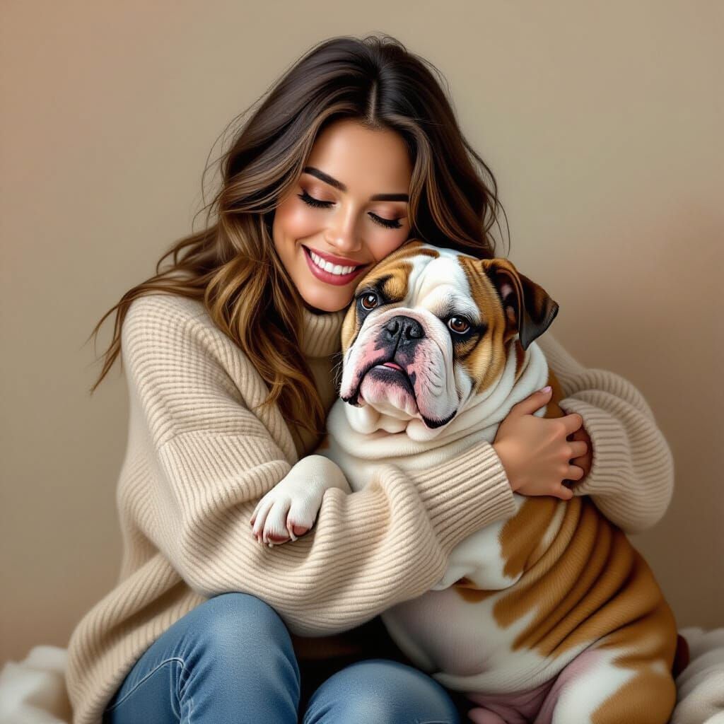 Woman and Bulldog in Hyperrealistic Digital Art