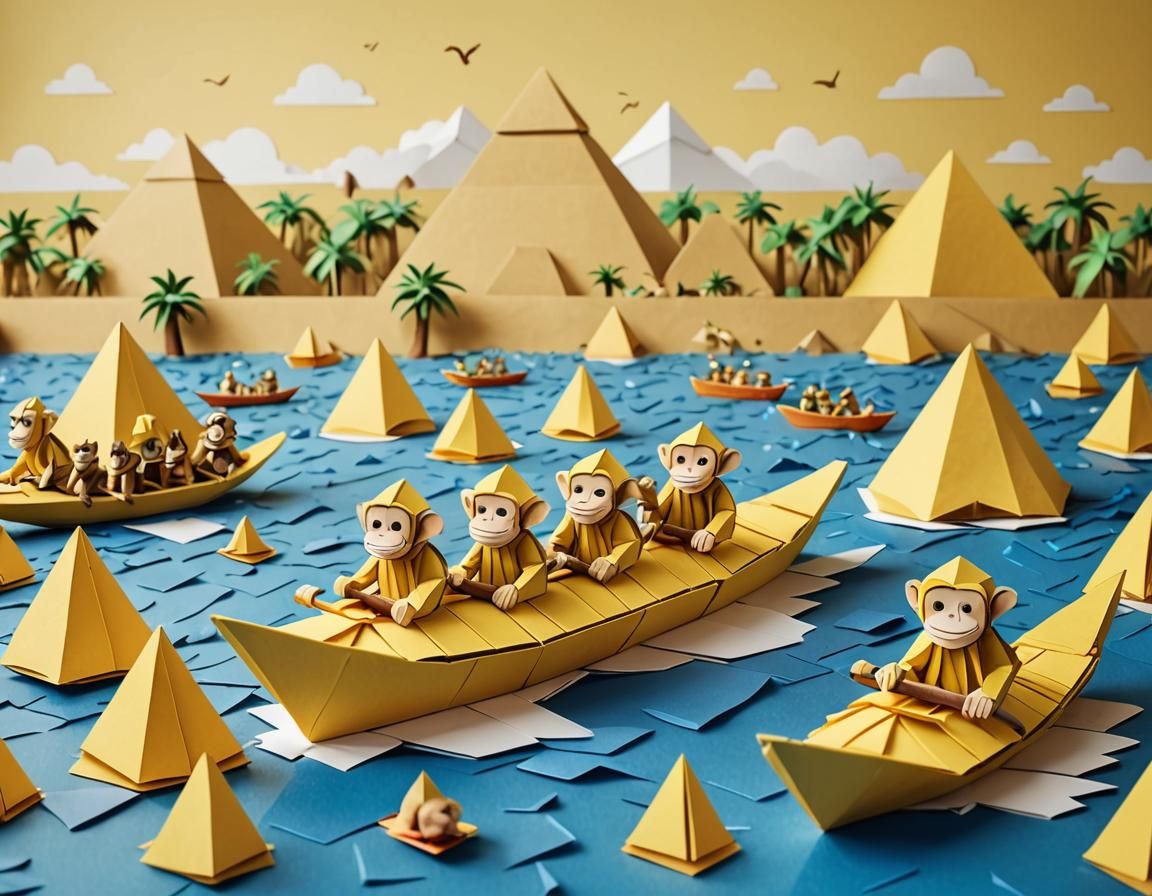 Origami Monkeys Paddle Banana Boat on Nile