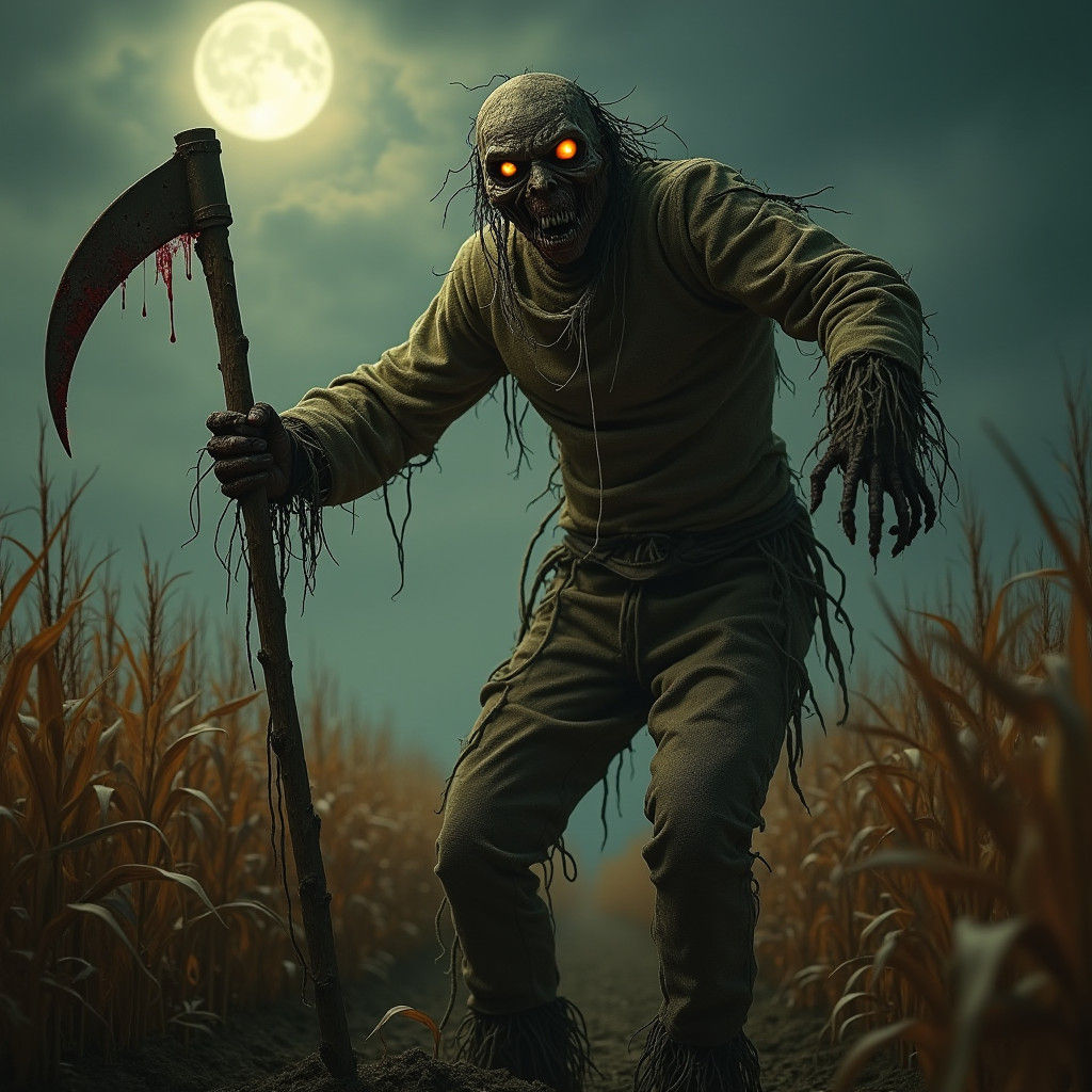Terrifying Scarecrow with Sickle in Haunted Cornfield