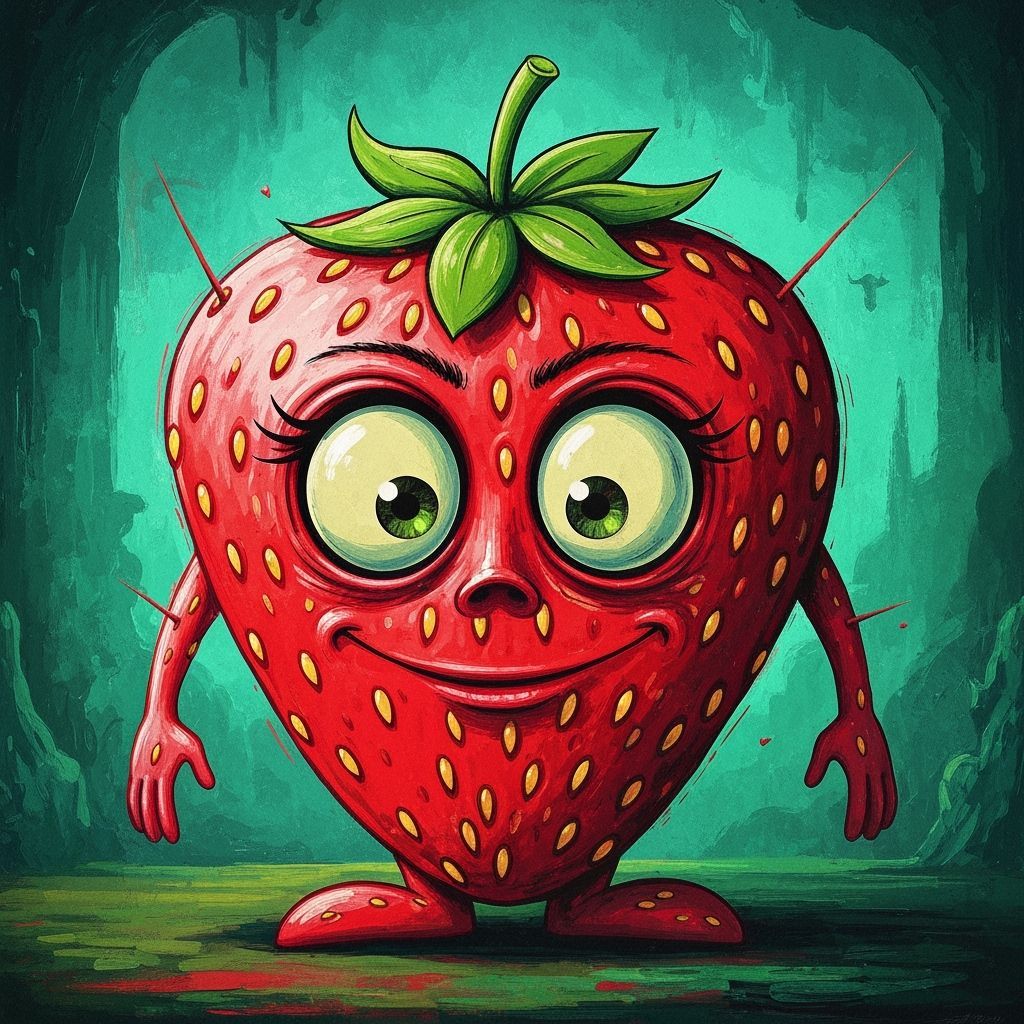 Whimsical Strawberry Character in Surreal, Cubist Style
