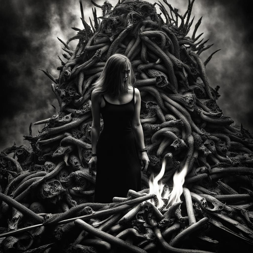 Woman Burning Nightmares in High-Contrast Black and White