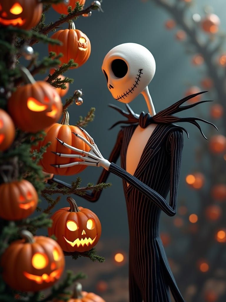 Surreal Christmas Tree Decorated with Glowing Halloween Pump...