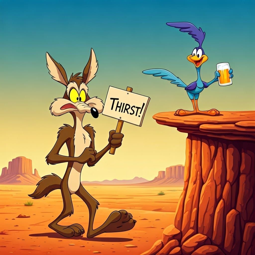 Coyote's Desert Thirst in Looney Tunes Style