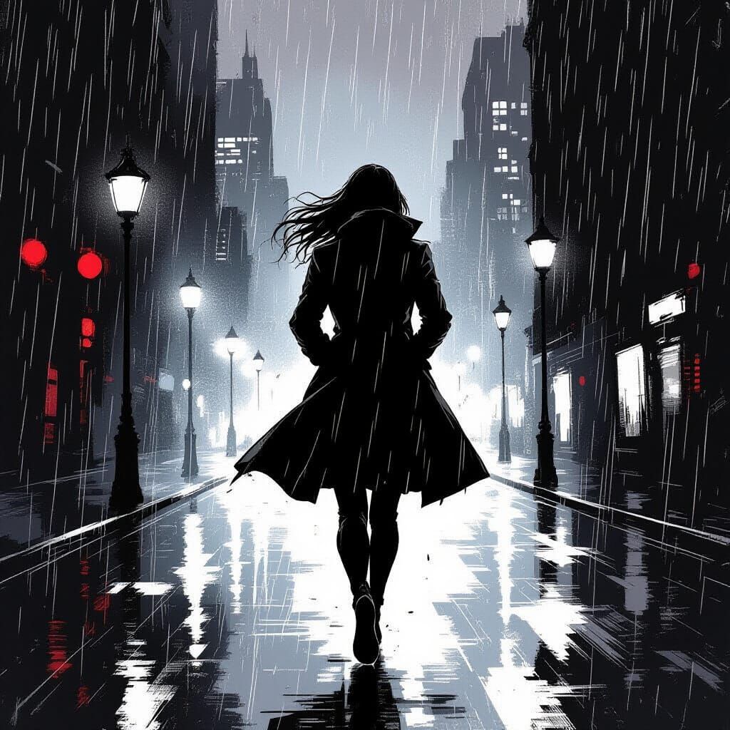 Woman Running Through Rainy Cityscape in Black and White
