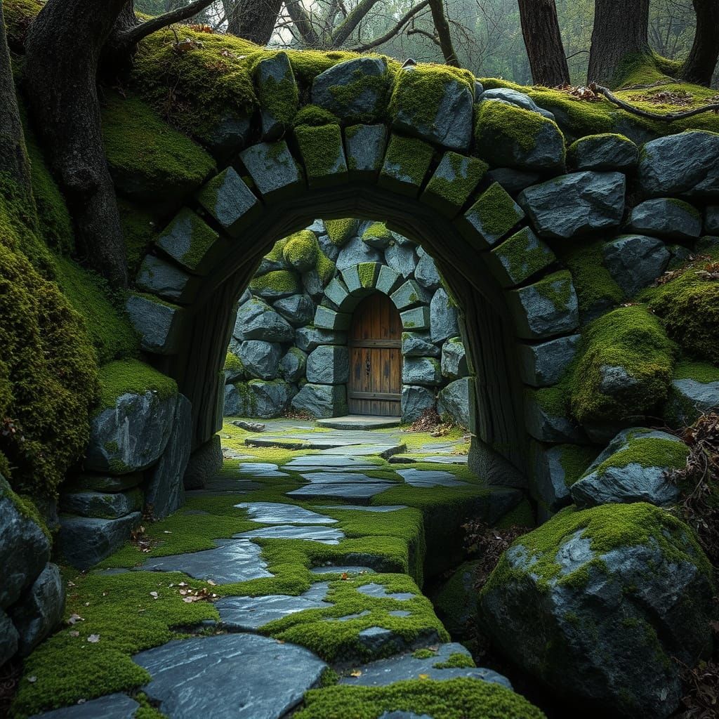 Overgrown Stone Bridge with Fairy Door, Hyperrealistic