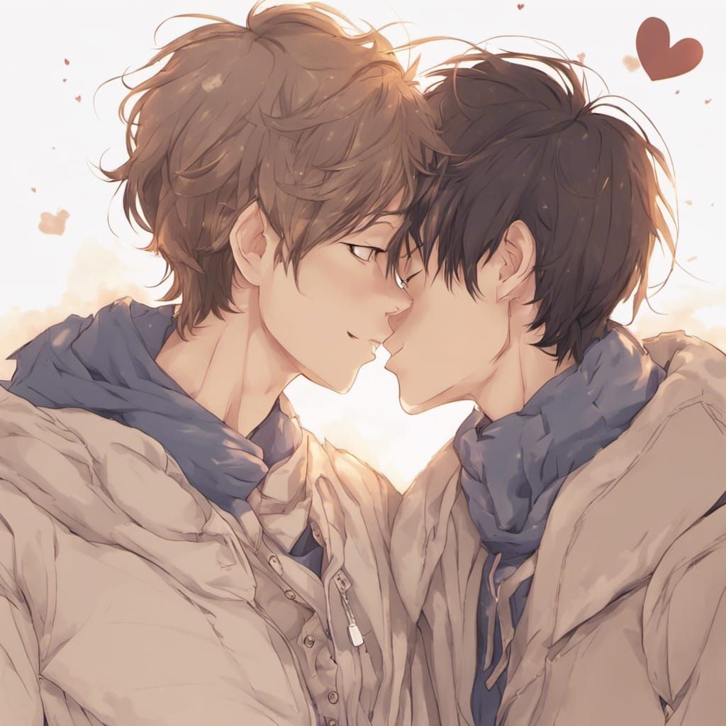 Charming Gay Couple Kissing in Anime Style