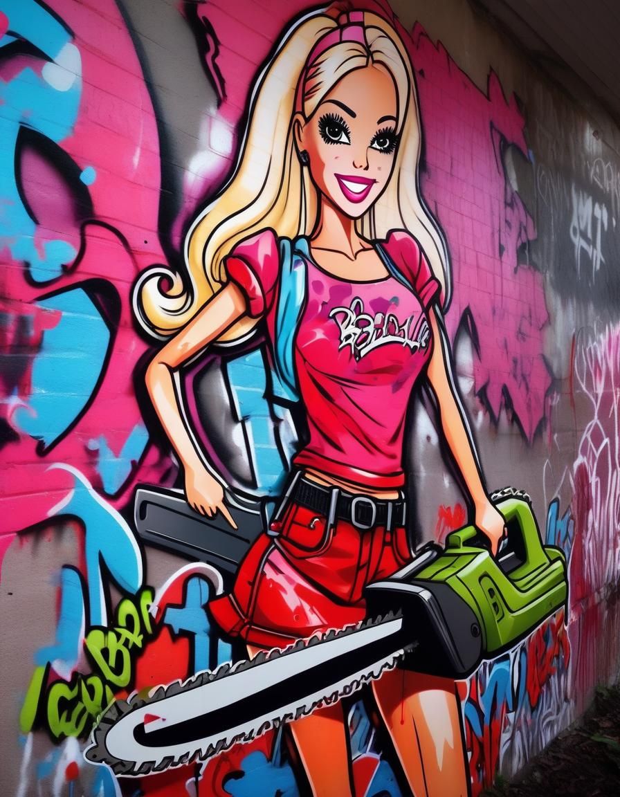 Yandere Barbie with Chainsaw Graffiti Art