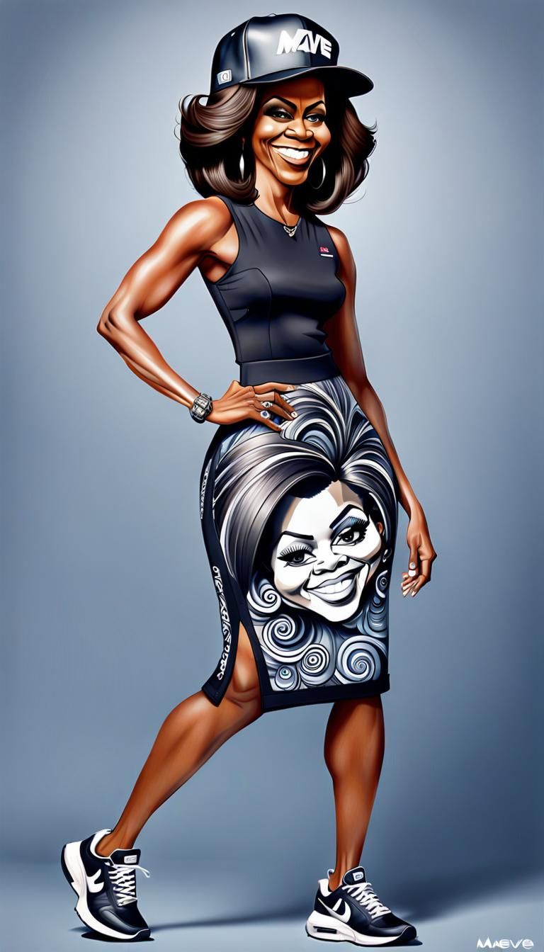 Hip hop clothing outfit, funny caricature of Michelle Obama,  full body, smooth skin, smiling, young face, swirly hair, ...