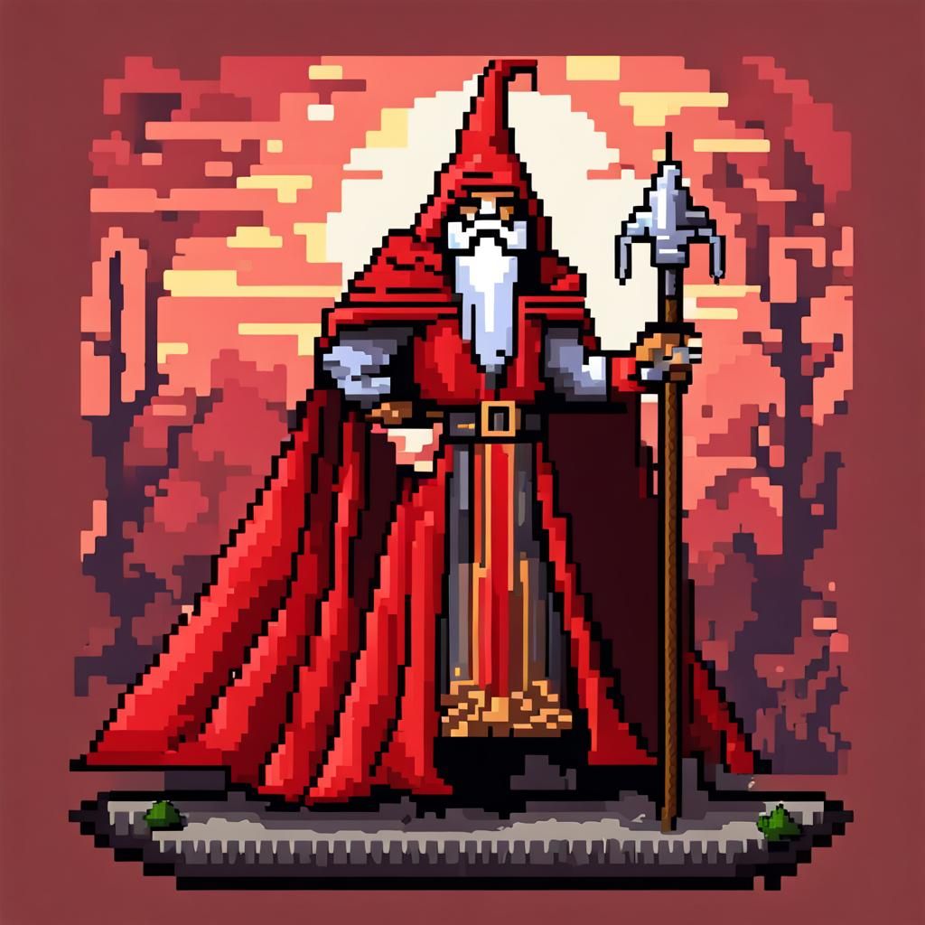 8-Bit Pixel Art Red-Caped Medieval Wizard