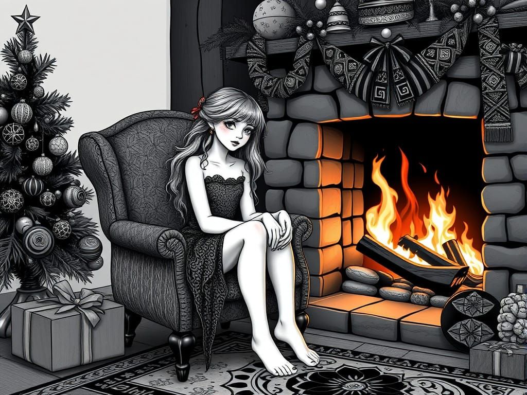 Gothic Christmas Scene of Barefoot Girl by Fireplace