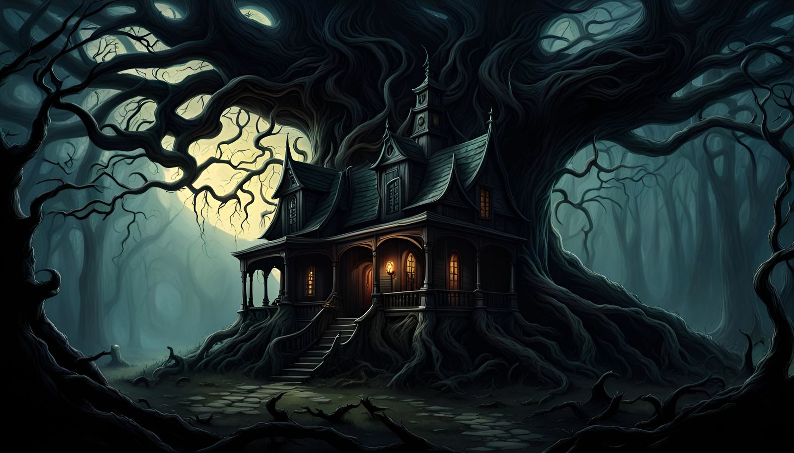 Creepy House in Dark Forest: Gothic Fantasy Art