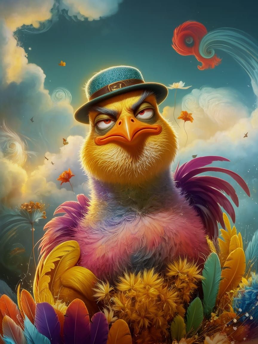 Grumpy Chick in Surreal Oil Painting