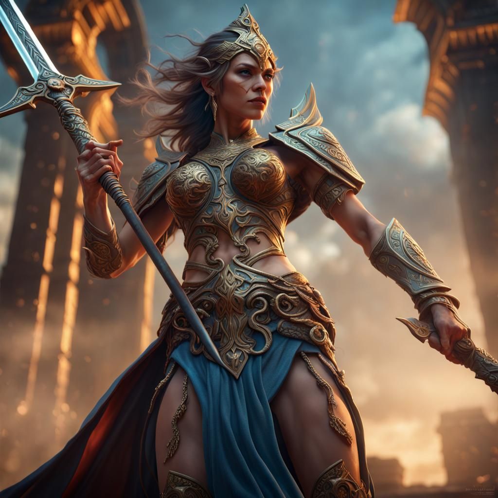 Epic Goddess Ready for Battle, Detailed Digital Art