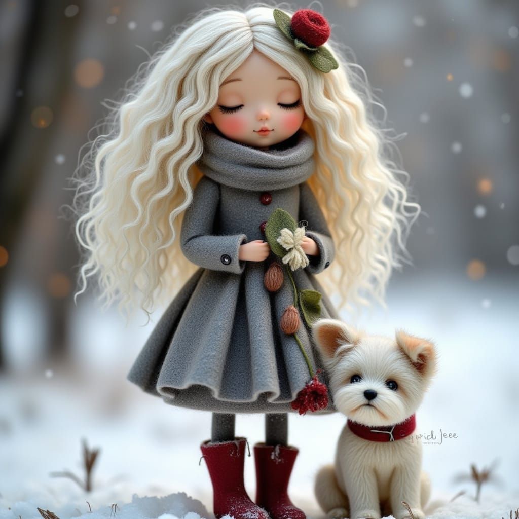 Cherubic Girl and Puppy in Snowy Wonderland