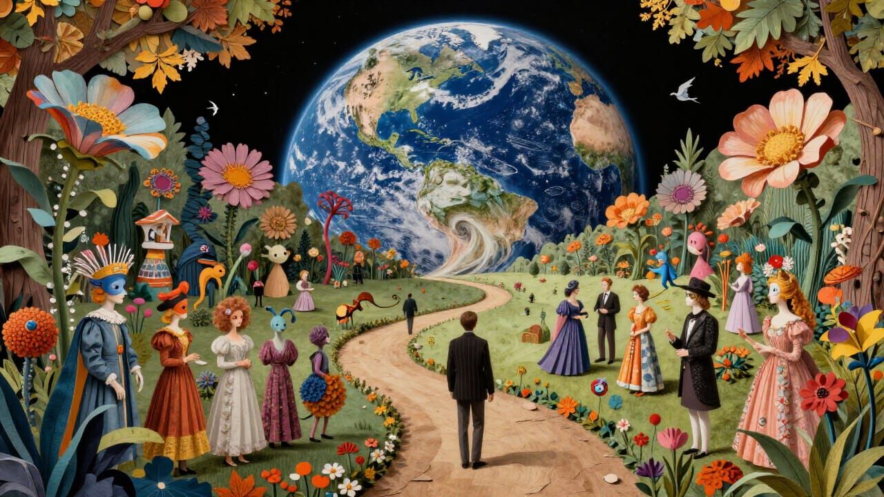 Surreal Garden Party with Dreamlike Creatures