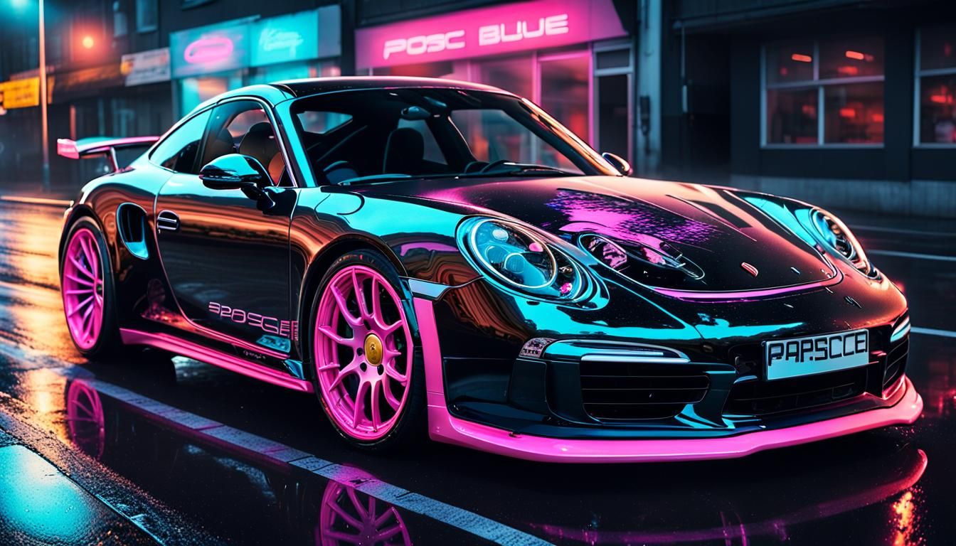 Black Porsche with Neon Bodykit in Cyberpunk Style