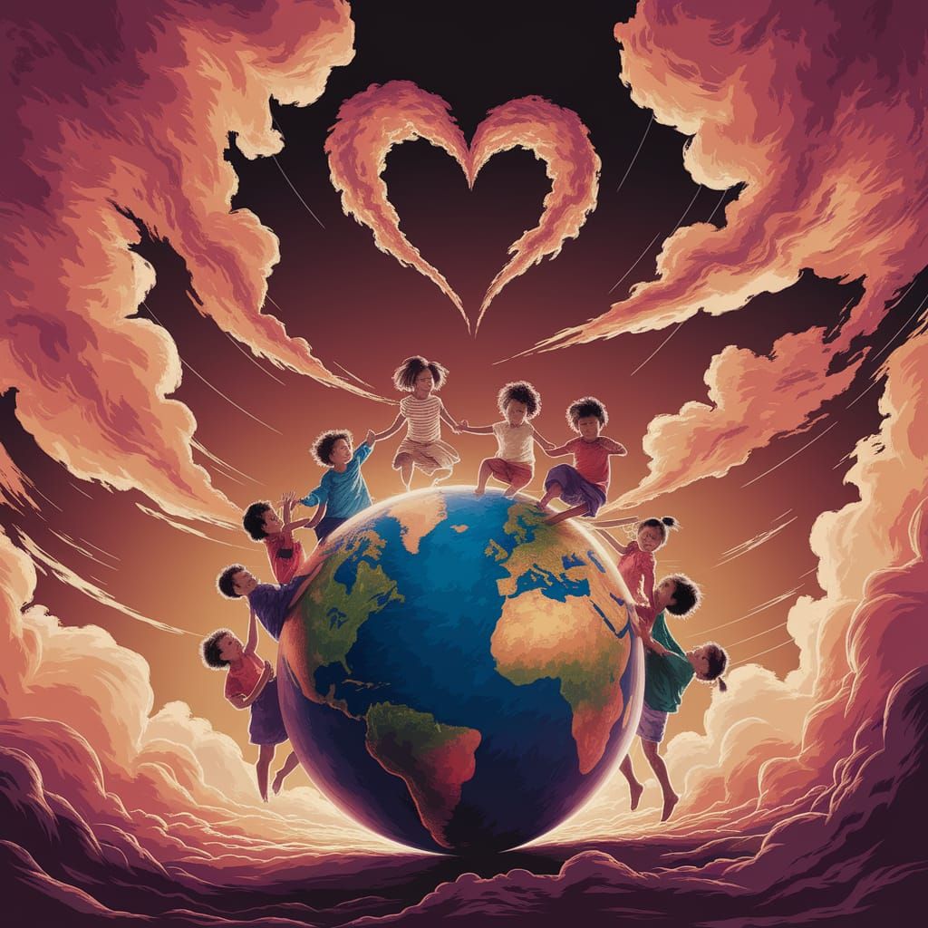 Children Playing on Globe with Heart Clouds