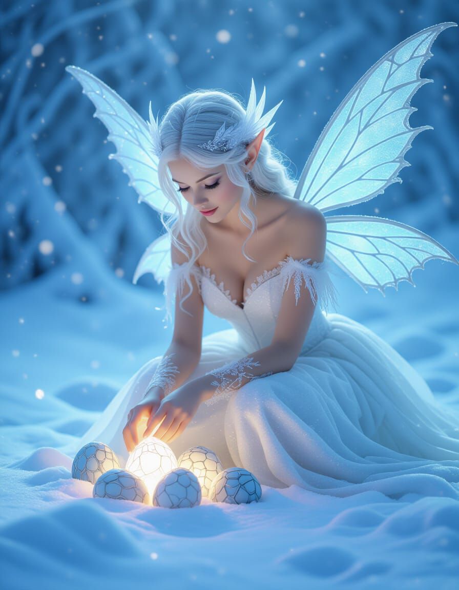 Snow Fairy Tends Glowing Dragon Eggs in Winter