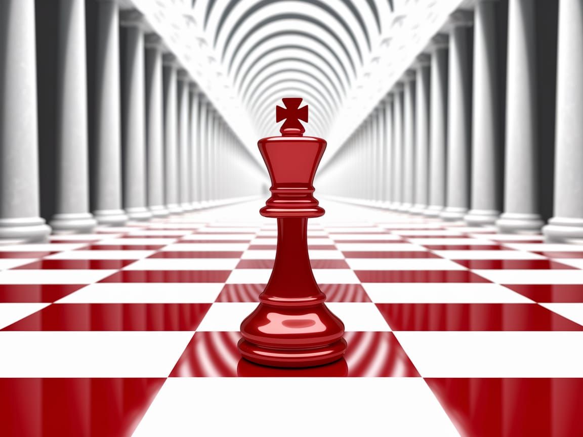 Red Chess Queen in White Hallway