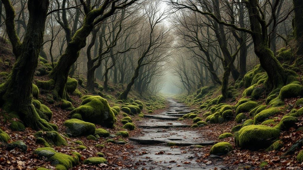 Enchanted Forest Path in Late Autumn, Moody Lighting