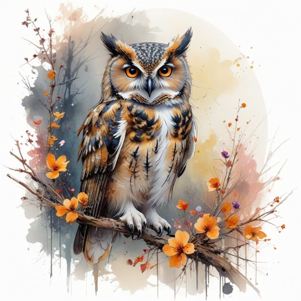 Surreal Autumn Landscape with Owl and Blooming Wildflowers a...