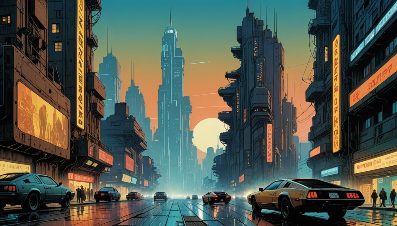 Retro-Futuristic Cityscape in Warm, Nostalgic Glow