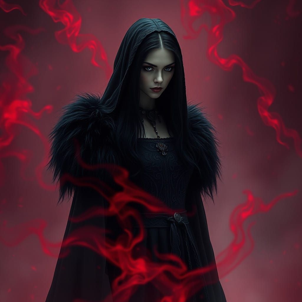 Ethereal Witch in Red Fog, Eerie Celtic Patterns, Dark Slavi...