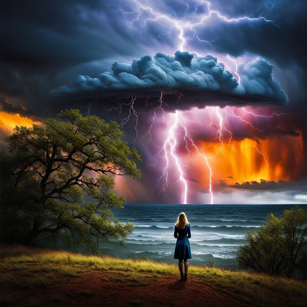 Woman Watches a Spectacular and Colorful Storm